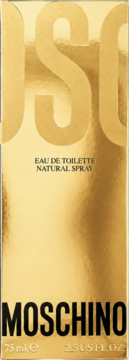 Złote, lśniące opakowanie perfum Moschino Eau de Toilette 75ml, z czarnym logo i tekstem, widok z przodu.