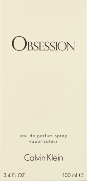 Beżowe pudełko perfum Calvin Klein Obsession, woda perfumowana 100ml, widok frontalny z tekstem.