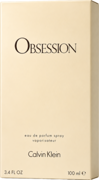Beżowe pudełko Calvin Klein Obsession EDP 100 ml, napis Obsession brązowy, widok z przodu.