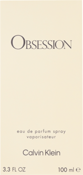 Calvin Klein Obsession męska woda perfumowana, beżowe pudełko, napis Obsession, widok z przodu, 100ml.