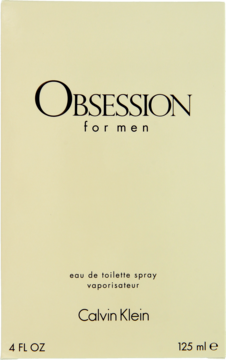 Front beżowego opakowania perfum Calvin Klein Obsession for Men, 125 ml woda toaletowa dla mężczyzn.