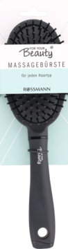Czarna szczotka do masażu For Your Beauty Rossmann, na blistrze, do każdego typu włosów, widok z przodu.