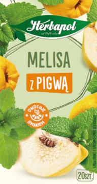 Herbapol Melisa z Pigwą, zielono-żółte opakowanie herbaty z owocami pigwy i liśćmi melisy na przodzie.