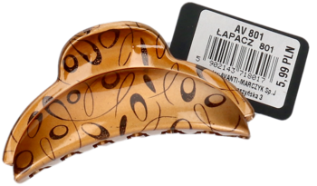 Brązowy łapacz do włosów z czarnymi, owalnymi wzorami i błyszczącą powierzchnią, widok z przodu z etykietą produktu.