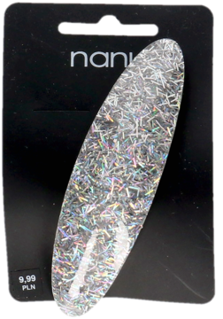 Owalna spinka do włosów z przezroczystej żywicy z zatopionym holograficznym brokatem, widok na opakowaniu.