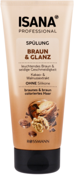 Brązowa tubka Isana Professional Spülung Braun & Glanz, z ekstraktem kakao i orzechów włoskich, widok z przodu.