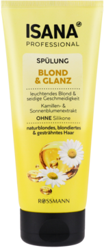 Żółta tuba odżywki Isana Professional Blond & Glanz z ekstraktem rumianku i słonecznika. Widok z przodu.