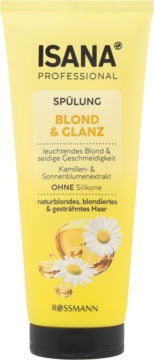 Żółta tubka Isana Professional Spülung Blond & Glanz, widok z przodu, z motywem rumianku i kropli oleju.