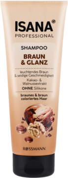 ISANA Professional szampon do włosów brązowych, beżowa tubka z orzechami i kakao, bez silikonów, widok z przodu.