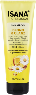 Żółty szampon Isana Blond & Glanz do włosów blond, z rumiankiem, bez silikonów, na tubce kwiaty, widok z przodu.