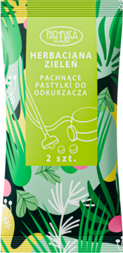 Zielone opakowanie pachnących pastylek do odkurzacza o zapachu herbacianej zieleni, 2 sztuki, widok z przodu.
