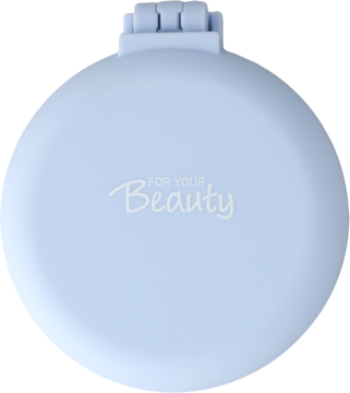 Jasnoniebieska, okrągła składana szczotka do włosów z lusterkiem, z napisem "FOR YOUR Beauty", widok z góry.
