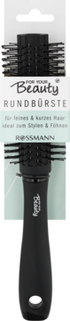 Black For Your Beauty round brush, Rossmann brand, for fine & short hair, on hang card, front view. Ideal for styling.
