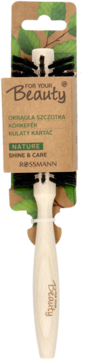 Okrągła szczotka For Your Beauty Nature Shine & Care z drewnianą rączką, w eko-opakowaniu, widok z przodu.
