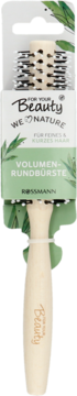 For your Beauty Rossmann Volumen-Rundbürste z jasną rączką, czarnym włosiem, w zielonym opakowaniu z listkami, widok z przodu.