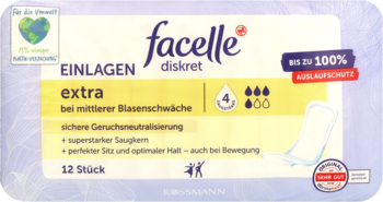 Front opakowania wkładek Facelle diskret extra na nietrzymanie moczu, 12 sztuk, z logo, żółto-niebieskie.