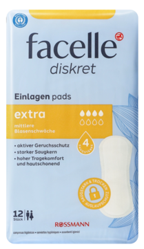 Opakowanie podpasek Facelle diskret extra na średnie nietrzymanie moczu, 12 sztuk, niebiesko-białe, z grafiką kropli.