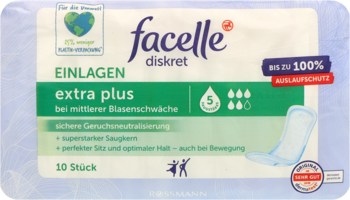 Biało-niebieskie opakowanie wkładek facelle diskret extra plus, 10 sztuk, 100% ochrony przed przeciekaniem, widok z przodu.