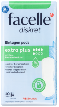 Opakowanie facelle diskret Einlagen pads extra plus, 10 szt., na umiarkowaną inkontynencję, z ochroną zapachu, widok z przodu.