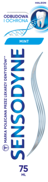 Biała tuba pasty Sensodyne Odbudowa i Ochrona Mint 75ml, widok z przodu, z niebieskim logo i zębem.