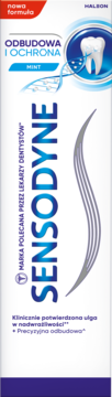 Sensodyne Odbudowa i Ochrona pasta do zębów z fluorem, biała tuba z niebieskim napisem i ikoną zęba, widok z przodu.