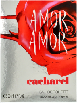 Srebrne opakowanie perfum Cacharel Amor Amor Eau de Toilette z dużą czerwoną różą i logo, widok z przodu.