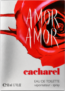 Cacharel Amor Amor perfumy damskie w białym opakowaniu z dużą czerwoną różą, 50ml, widok z przodu.