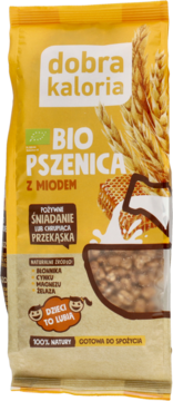 Żółta torebka Dobra Kaloria BIO Pszenica z Miodem, dmuchane ziarna z miodem, idealne na śniadanie. Z przodu.