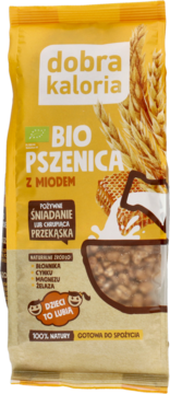 Żółta torebka Dobra Kaloria BIO Pszenica z Miodem, dmuchane ziarna z miodem, idealne na śniadanie. Z przodu.