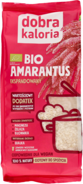Czerwona torebka dobra kaloria Bio Amarantus ekspandowany, z białym napisem. Produkt dla wegan, widok z przodu.