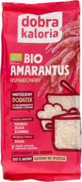 Czerwona torebka dobra kaloria Bio Amarantus ekspandowany, z białym napisem. Produkt dla wegan, widok z przodu.