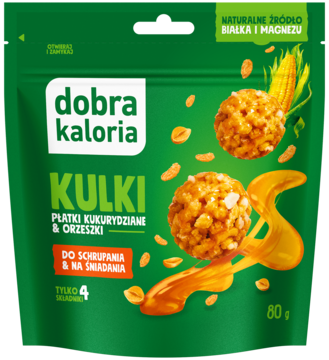 Dobra kaloria KULKI, płatki kukurydziane i orzeszki. Zielone opakowanie z kuleczkami w karmelu i kukurydzą, widok z przodu.