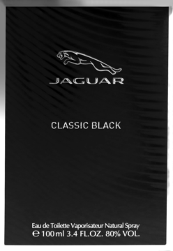 Drzewno-korzenna woda toaletowa Jaguar Classic Black 100ml w czarnym pudełku z logo, widok z przodu.
