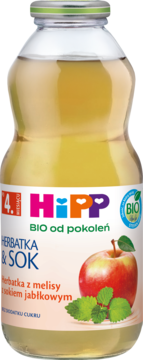 HiPP BIO Herbatka z melisy i sokiem jabłkowym (po 4m) w szklanej butelce, etykieta z jabłkiem, przód.