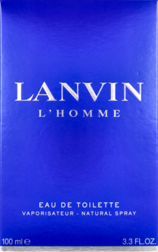 Niebieskie pudełko Lanvin L'Homme Eau de Toilette 100ml, z widokiem z przodu i białymi napisami.