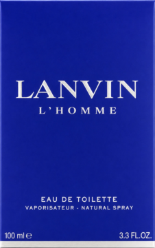 Niebieskie pudełko Lanvin L'Homme Eau de Toilette 100 ml dla mężczyzn, z białym logo i opisem, widok z przodu.