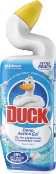 Niebieska butelka DUCK Deep Action Gel Marine, żel do WC, z żółtą zakrzywioną końcówką i kaczorem na etykiecie, widok z przodu.