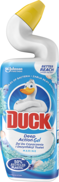 Niebieska butelka DUCK Deep Action Gel Marine, żel do WC, z żółtą zakrzywioną końcówką i kaczorem na etykiecie, widok z przodu.