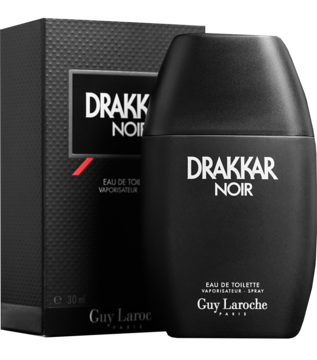 Czarna butelka wody toaletowej Drakkar Noir Guy Laroche 30ml z matowym wykończeniem, z pudełkiem, widok z przodu.