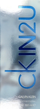 CK IN2U woda toaletowa 150 ml dla mężczyzn, aromatyczno-fougere, srebrne opakowanie z niebieskim napisem, widok z przodu.