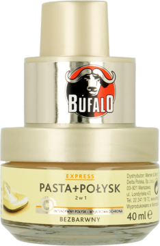 BÚFALO bezbarwna samonabłyszczająca pasta do butów 40 ml w beżowo-złotym opakowaniu z aplikatorem.