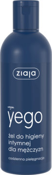 Ziaja Yego żel do higieny intymnej dla mężczyzn, ciemnoniebieska butelka z białymi napisami, widok z przodu.