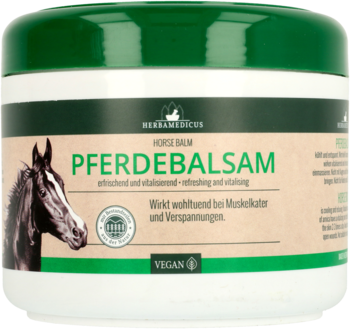 Herbamedicus Pferdebalsam 500 ml, biały pojemnik z zieloną pokrywką i grafiką konia, na bóle mięśni, widok z góry.