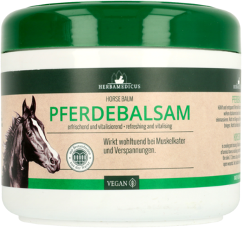 Herbamedicus Pferdebalsam 500 ml, biały pojemnik z zieloną pokrywką i grafiką konia, na bóle mięśni, widok z góry.