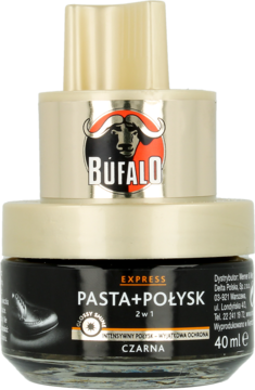 BÚFALO Express pasta do butów 2w1, czarna, z kremowym aplikatorem i logo bawołu, widok z przodu.