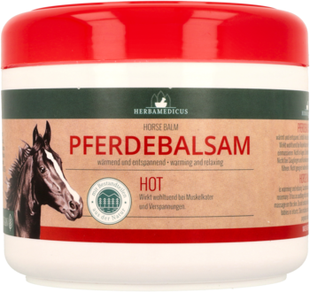 Herbamedicus Pferdebalsam Hot, rozgrzewający balsam koński w jasnobrązowym słoiku z czerwoną pokrywką, widok z przodu.