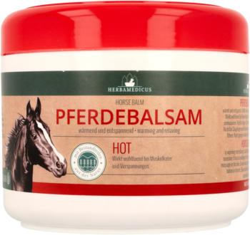 Herbamedicus Pferdebalsam Hot, rozgrzewający balsam koński w jasnobrązowym słoiku z czerwoną pokrywką, widok z przodu.