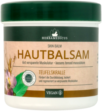 Herbamdicus Hautbalsam z Teufelskralle (diabelski pazur), w beżowym słoiku z zieloną nakrętką, na spięte mięśnie. Widok z przodu.