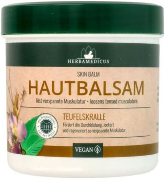 Herbamdicus Hautbalsam z Teufelskralle (diabelski pazur), w beżowym słoiku z zieloną nakrętką, na spięte mięśnie. Widok z przodu.