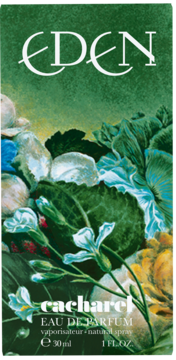 Cacharel Eden Eau de Parfum damska 30ml, zielone pudełko z bujnym, kolorowym kwiatowym wzorem, widok z przodu.